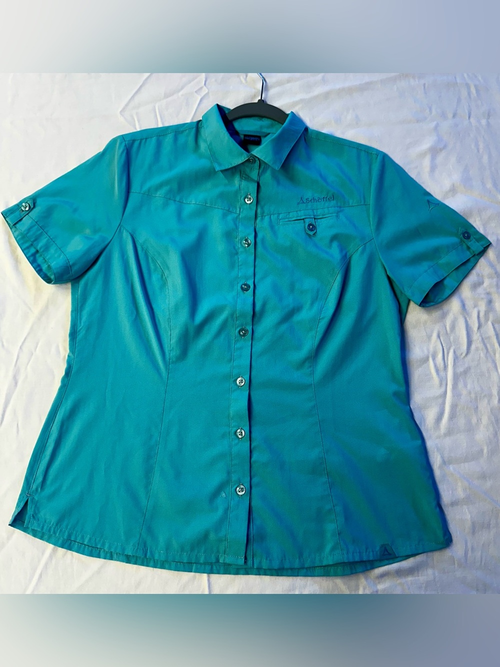 Schöffel Women's Hiking Shirt Teal Blue Short Sleeve Button Up Trail Trekking L